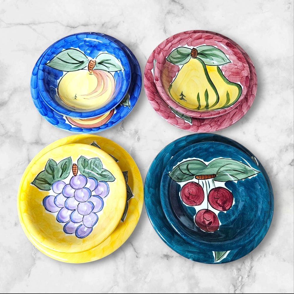 1998 FRUITA DE ROMA 8-Piece Fruit Hand‎ Painted Ceramic Dinner Plates & Bowl Set